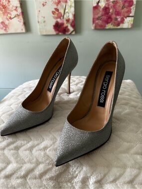 Sergio Rossi Silver Glitter Pointed Toe Stiletto Pumps